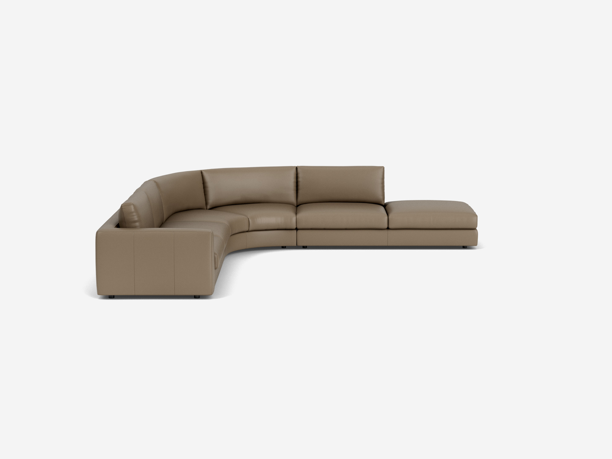 Right hand facing taupe leather curved sectional sofa side view